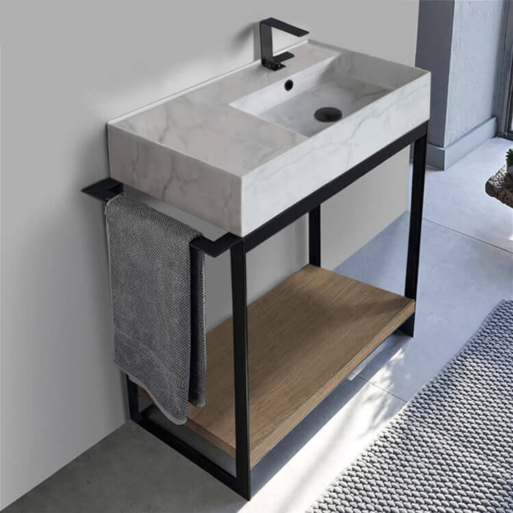 Scarabeo 5118-F-SOL2-89-One Hole Console Sink Vanity With Marble Design Ceramic Sink and Natural Brown Oak Shelf